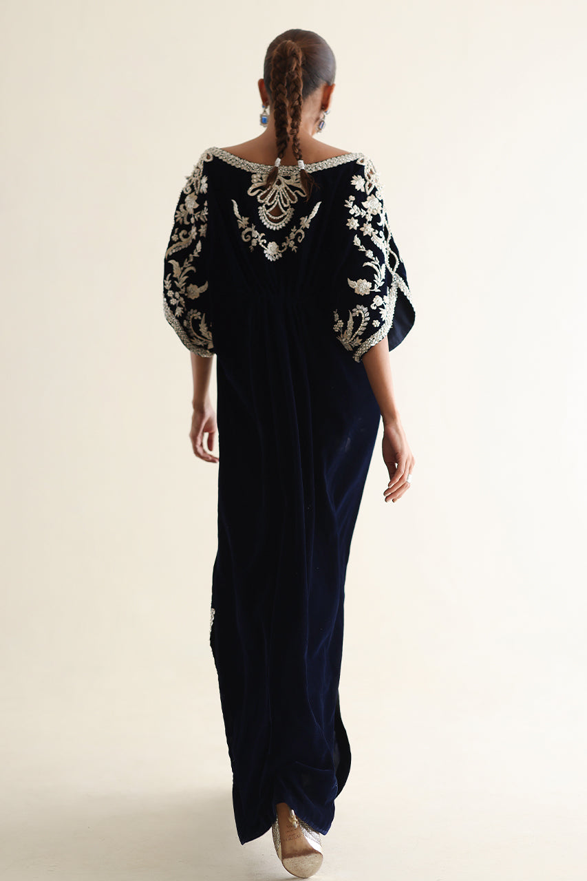 Midnight Blue Zardozi Velvet Kaftan (1-Pc) - Image 7