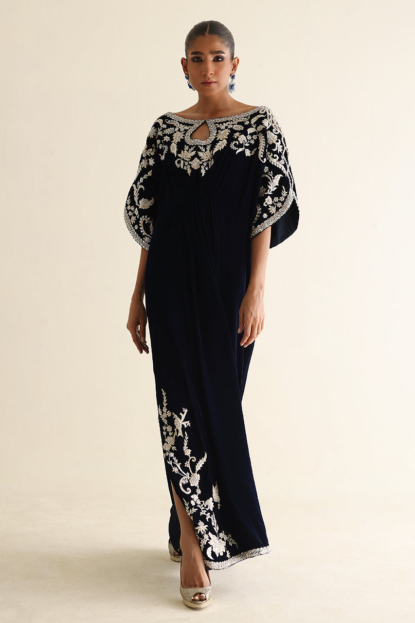 Midnight Blue Zardozi Velvet Kaftan (1-Pc) - Image 8