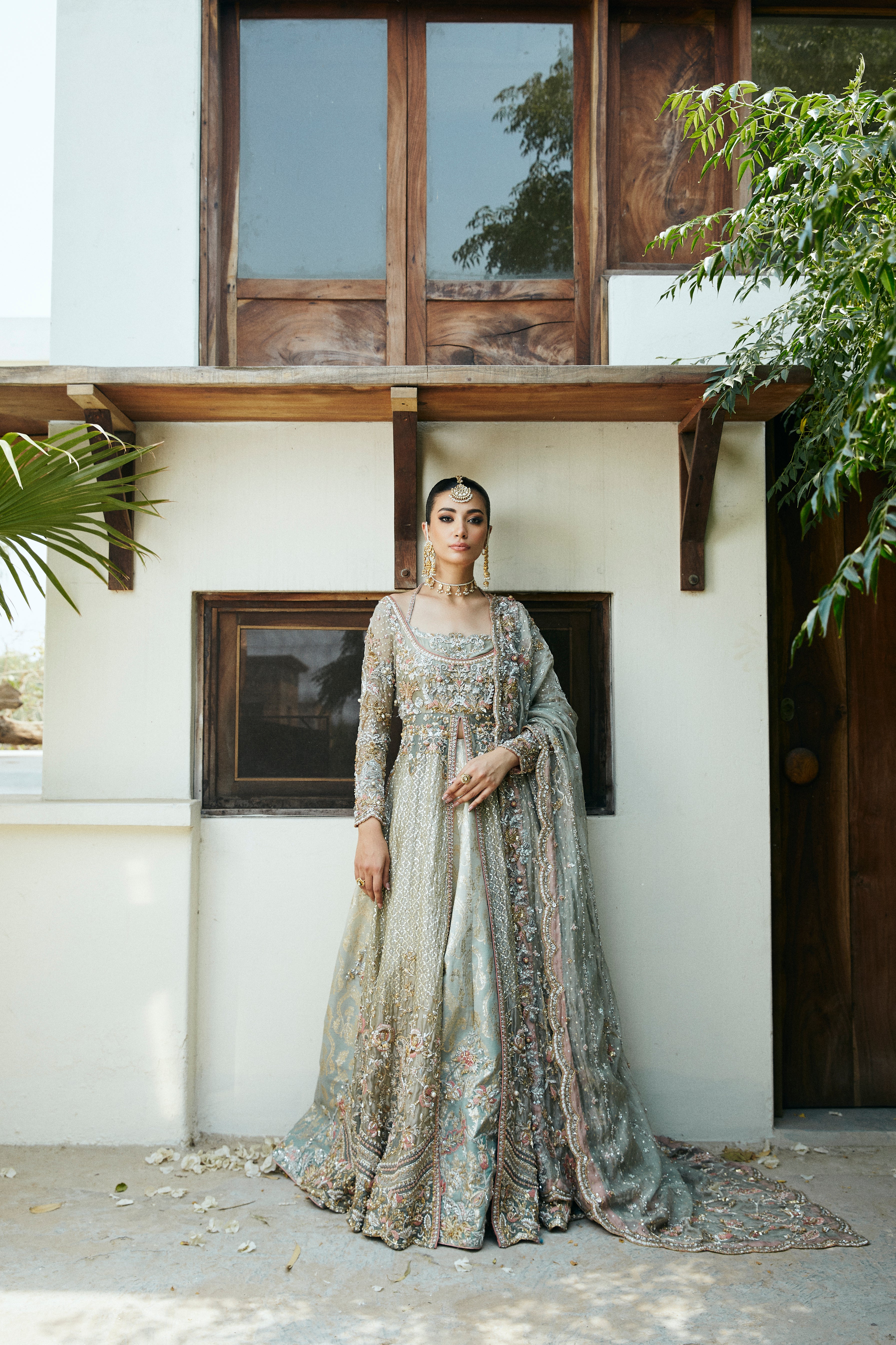 Pakistani Muted Blue Embellished Brocade Kalidar (3-Piece) - Image 1