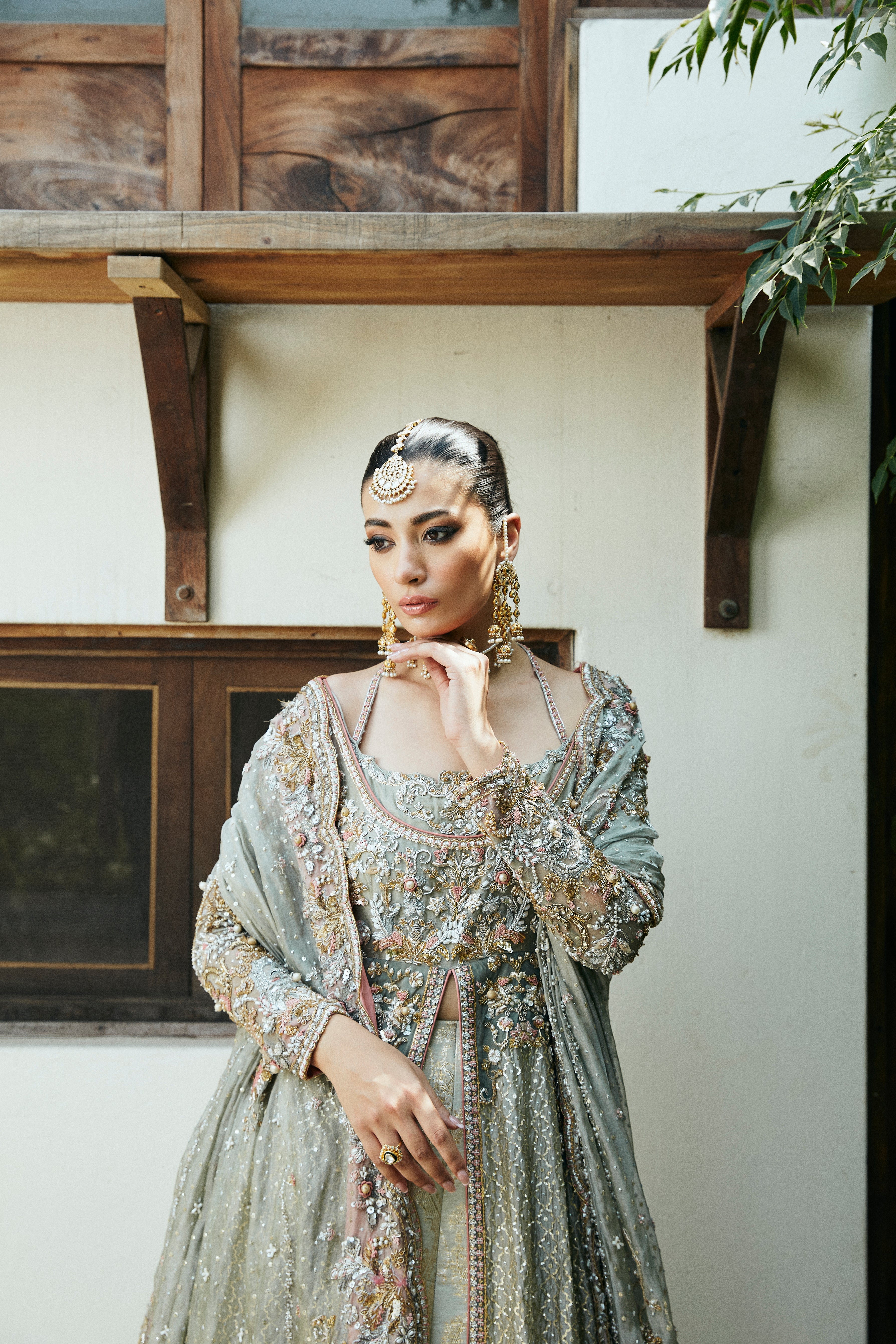 Pakistani Muted Blue Embellished Brocade Kalidar (3-Piece) - Image 4