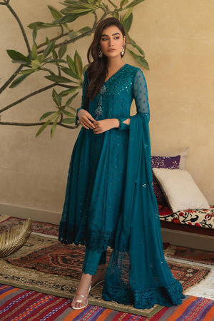 Pakistani Turquoise Embroidered Chiffon Kalidaar (3-Piece) - Image 1