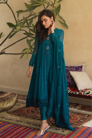 Pakistani Turquoise Embroidered Chiffon Kalidaar (3-Piece) - Image 3