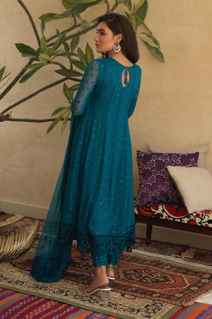 Pakistani Turquoise Embroidered Chiffon Kalidaar (3-Piece) - Image 5