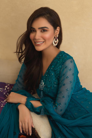 Pakistani Turquoise Embroidered Chiffon Kalidaar (3-Piece) - Image 6