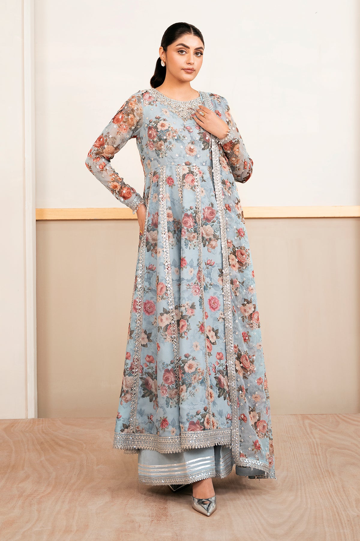 Powder Blue Embroidered Chiffon Kalidar Frock (3-Piece) - Image 1