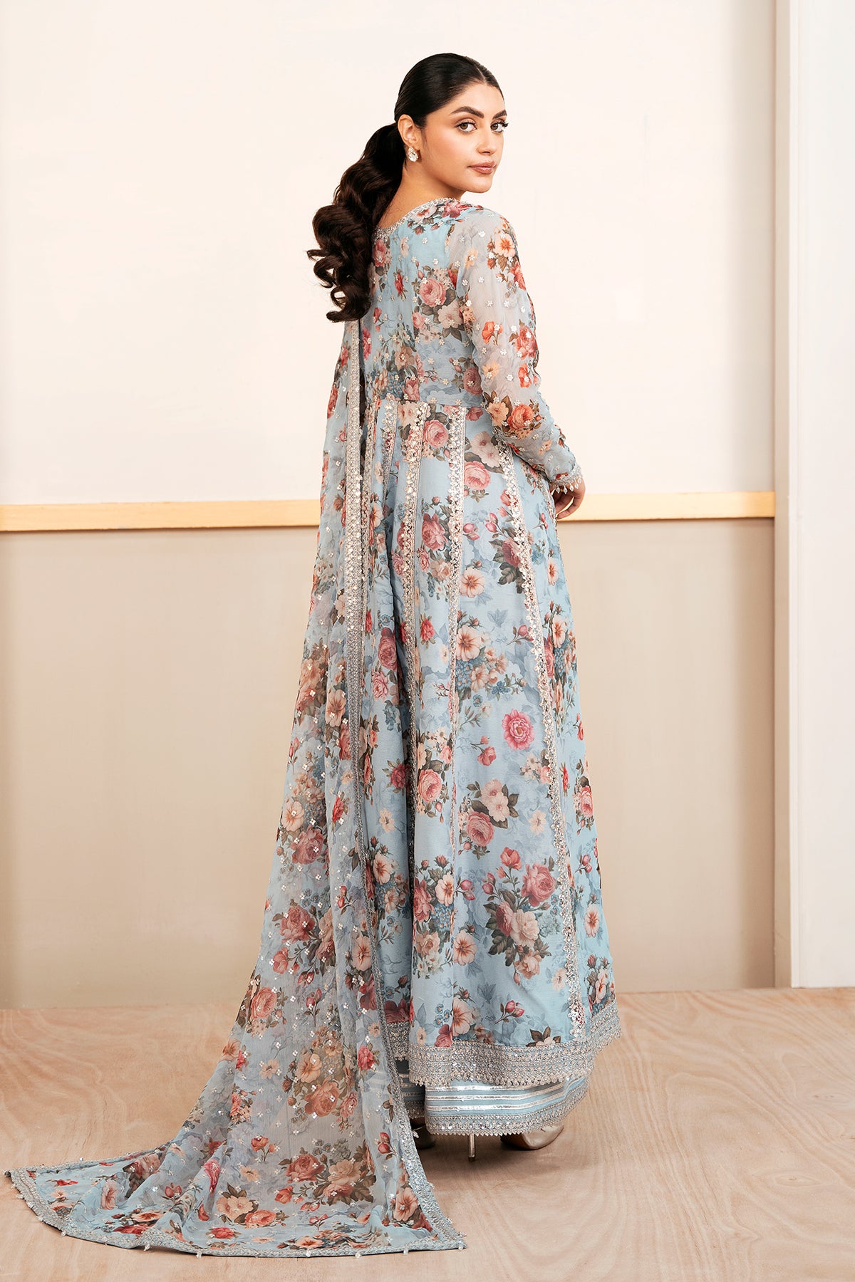 Powder Blue Embroidered Chiffon Kalidar Frock (3-Piece) - Image 2