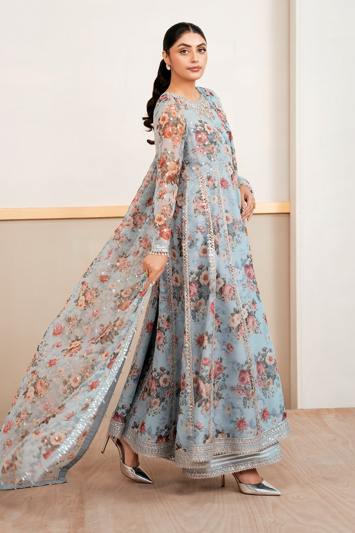 Powder Blue Embroidered Chiffon Kalidar Frock (3-Piece) - Image 3