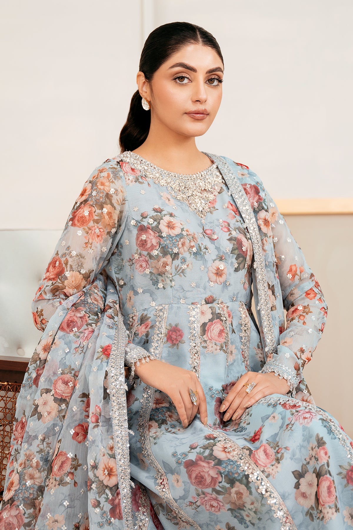 Powder Blue Embroidered Chiffon Kalidar Frock (3-Piece) - Image 4