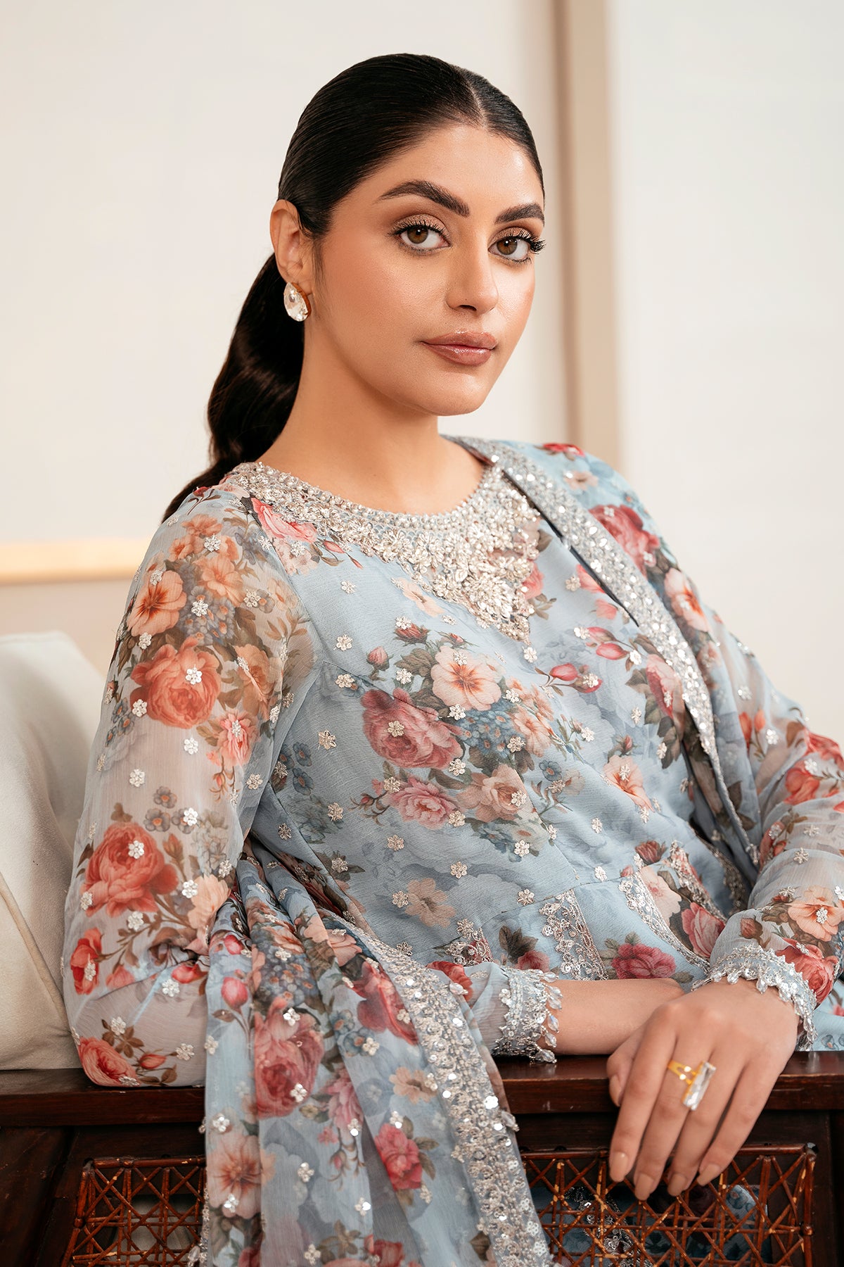 Powder Blue Embroidered Chiffon Kalidar Frock (3-Piece) - Image 5