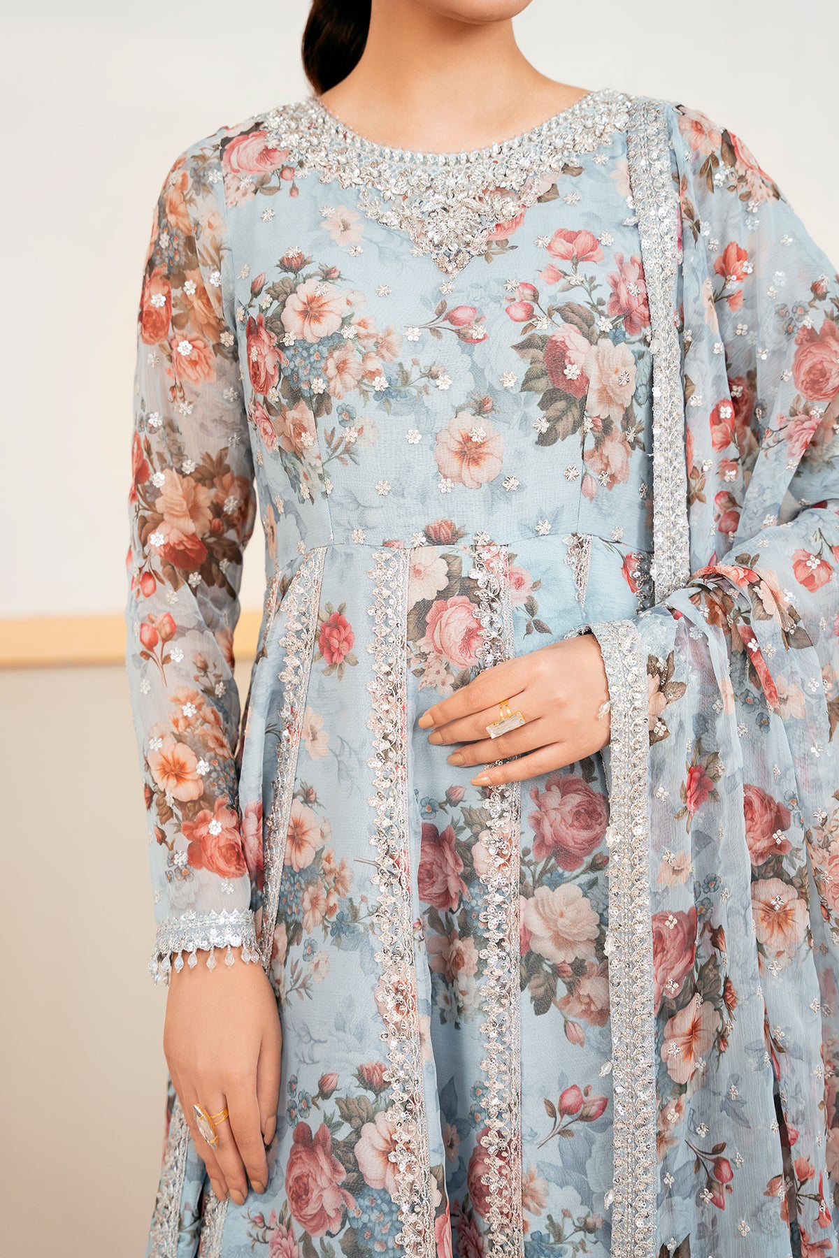 Powder Blue Embroidered Chiffon Kalidar Frock (3-Piece) - Image 6