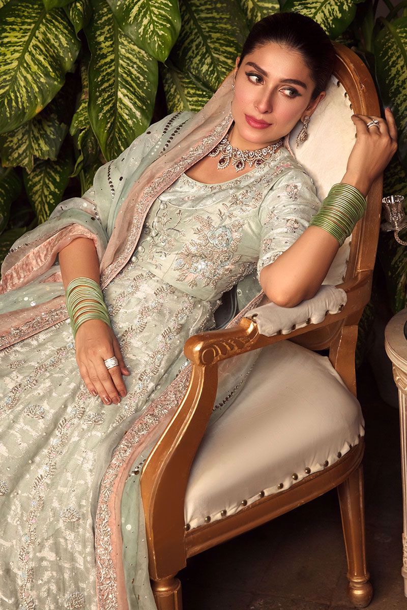 Pakistani Beryl Blue Embroidered Cotton Net Kalidar (3-Piece) - Image 2