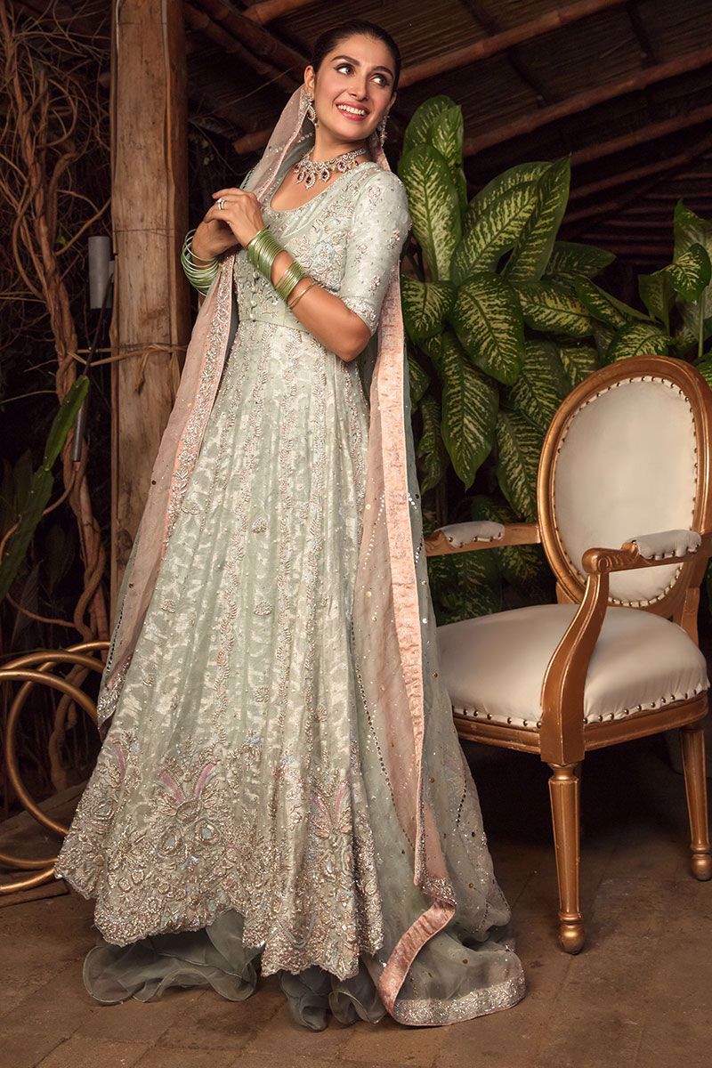 Pakistani Beryl Blue Embroidered Cotton Net Kalidar (3-Piece) - Image 3