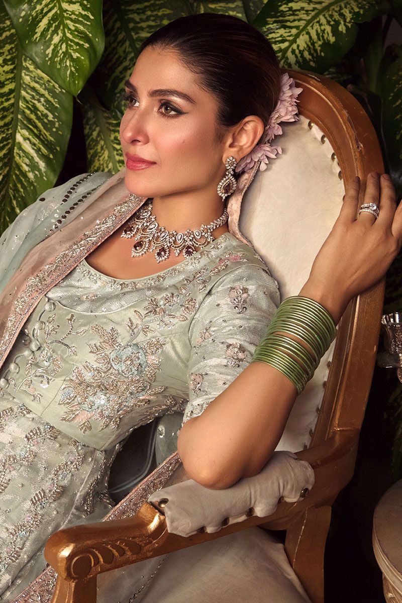 Pakistani Beryl Blue Embroidered Cotton Net Kalidar (3-Piece) - Image 4