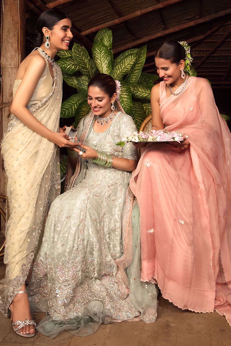 Pakistani Beryl Blue Embroidered Cotton Net Kalidar (3-Piece) - Image 5