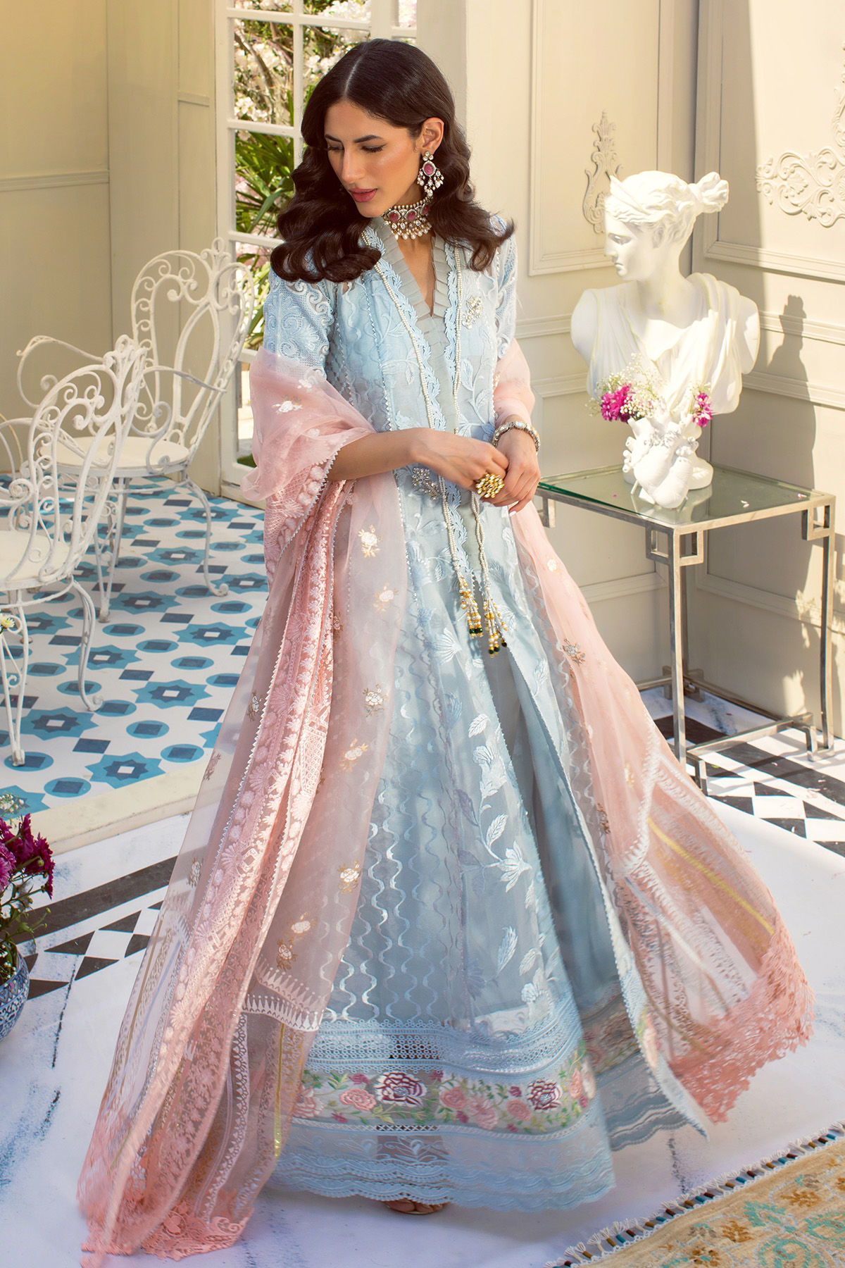 Powder Blue Embroidered Organza Kalidar (2-Piece) - Image 1