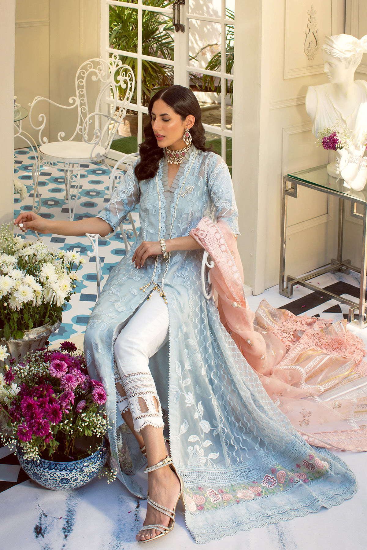 Powder Blue Embroidered Organza Kalidar (2-Piece) - Image 6