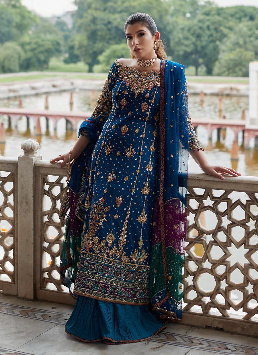 Peacock Blue Zardozi Net Kalidaar Dress (3-Piece) - Image 1