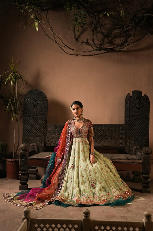 Mint Blue Hand Embellished Net Kalidar (2-Piece) - Image 5