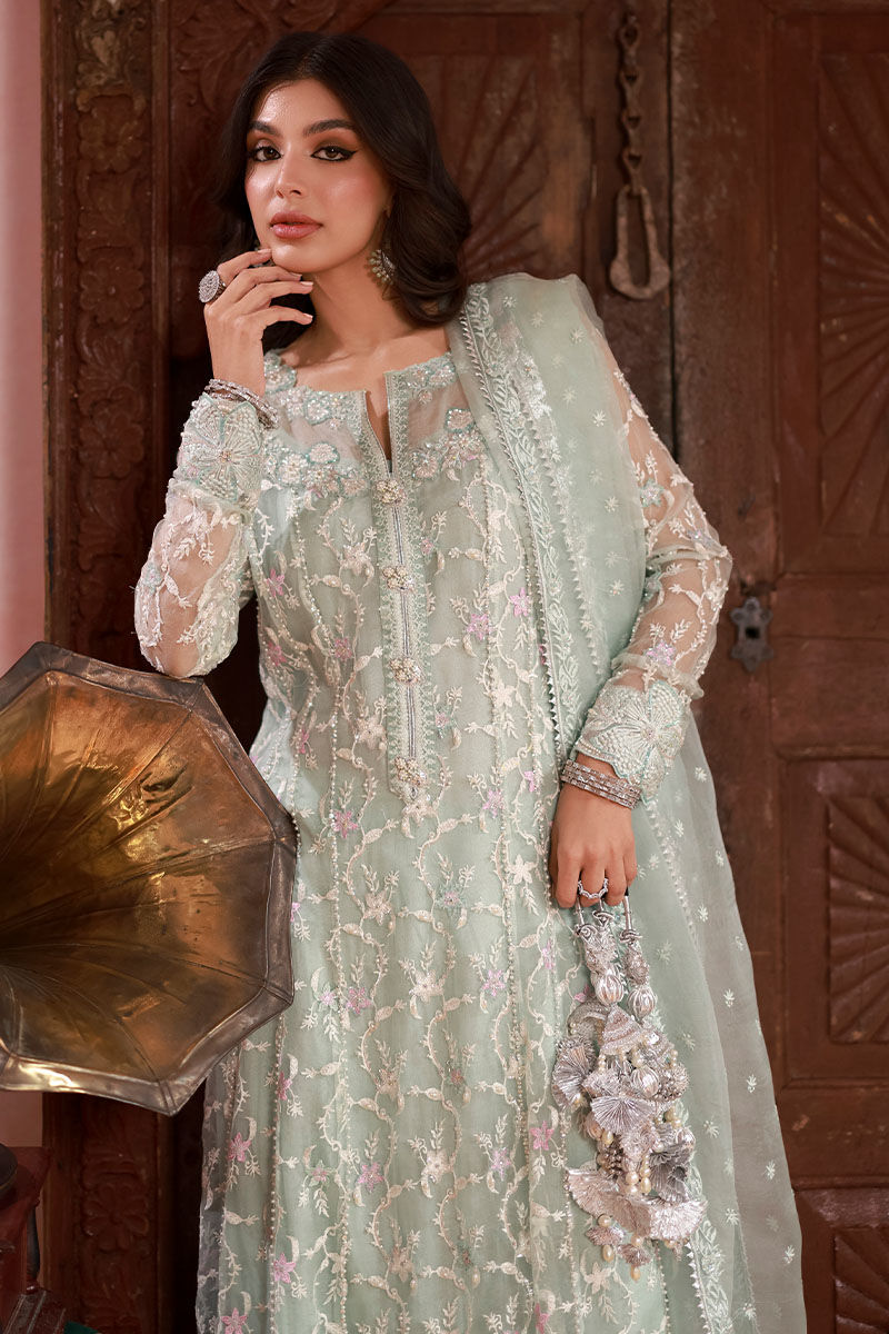 Pakistani Light Blue Embroidered Organza Kalidaar (3-Piece) - Image 2