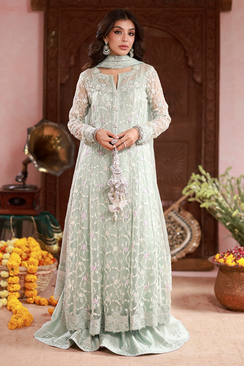 Pakistani Light Blue Embroidered Organza Kalidaar (3-Piece) - Image 4