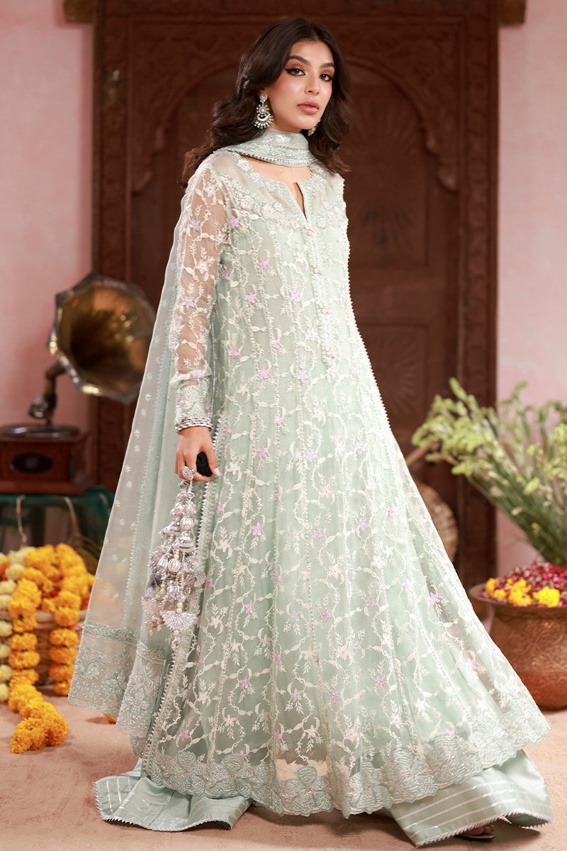 Pakistani Light Blue Embroidered Organza Kalidaar (3-Piece) - Image 5