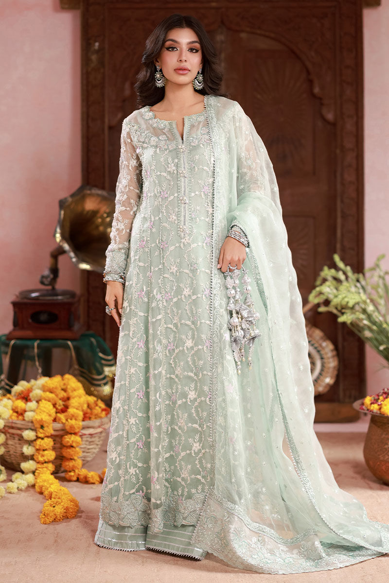 Pakistani Light Blue Embroidered Organza Kalidaar (3-Piece) - Image 7