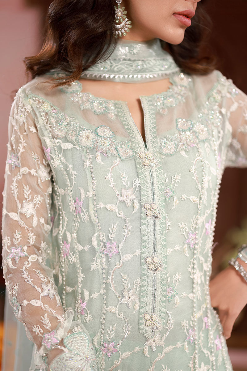 Pakistani Light Blue Embroidered Organza Kalidaar (3-Piece) - Image 9