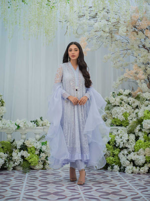 Pakistani Heather Blue Embroidered Organza Kalidaar (3-Piece) - Image 1