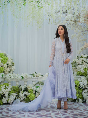 Pakistani Heather Blue Embroidered Organza Kalidaar (3-Piece) - Image 2