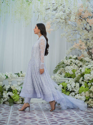 Pakistani Heather Blue Embroidered Organza Kalidaar (3-Piece) - Image 3