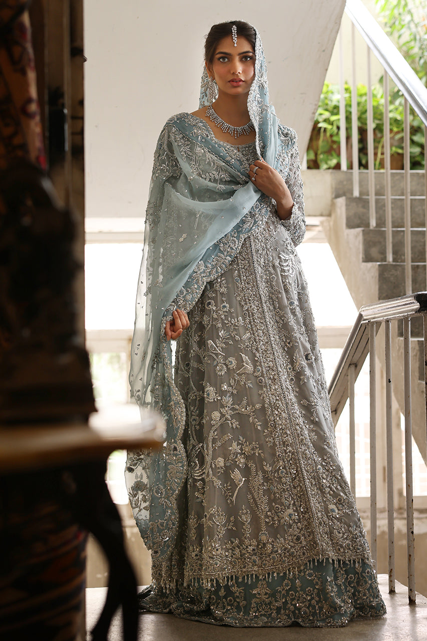 Indian Soft Blue Zardozi Organza Bridal Kalidaar (3-Piece) - Image 1