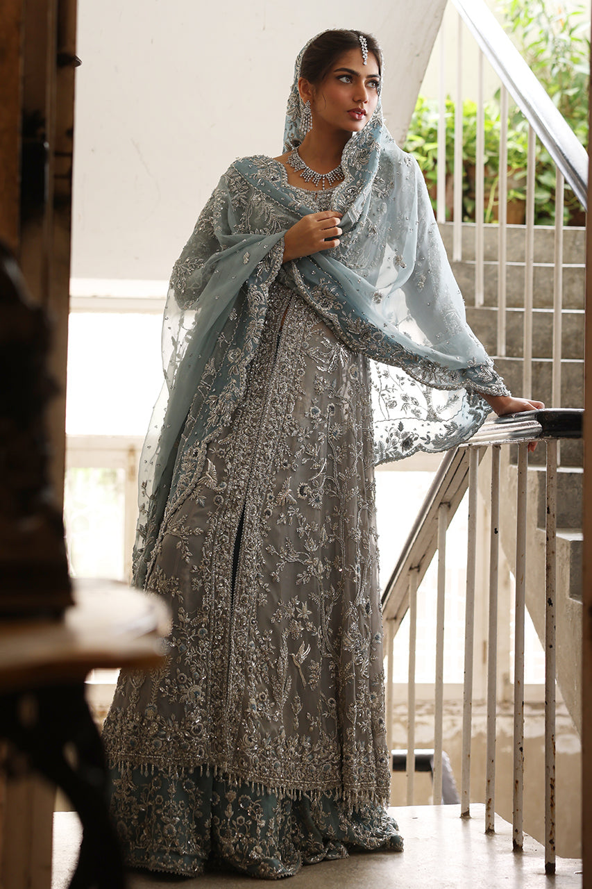 Indian Soft Blue Zardozi Organza Bridal Kalidaar (3-Piece) - Image 4