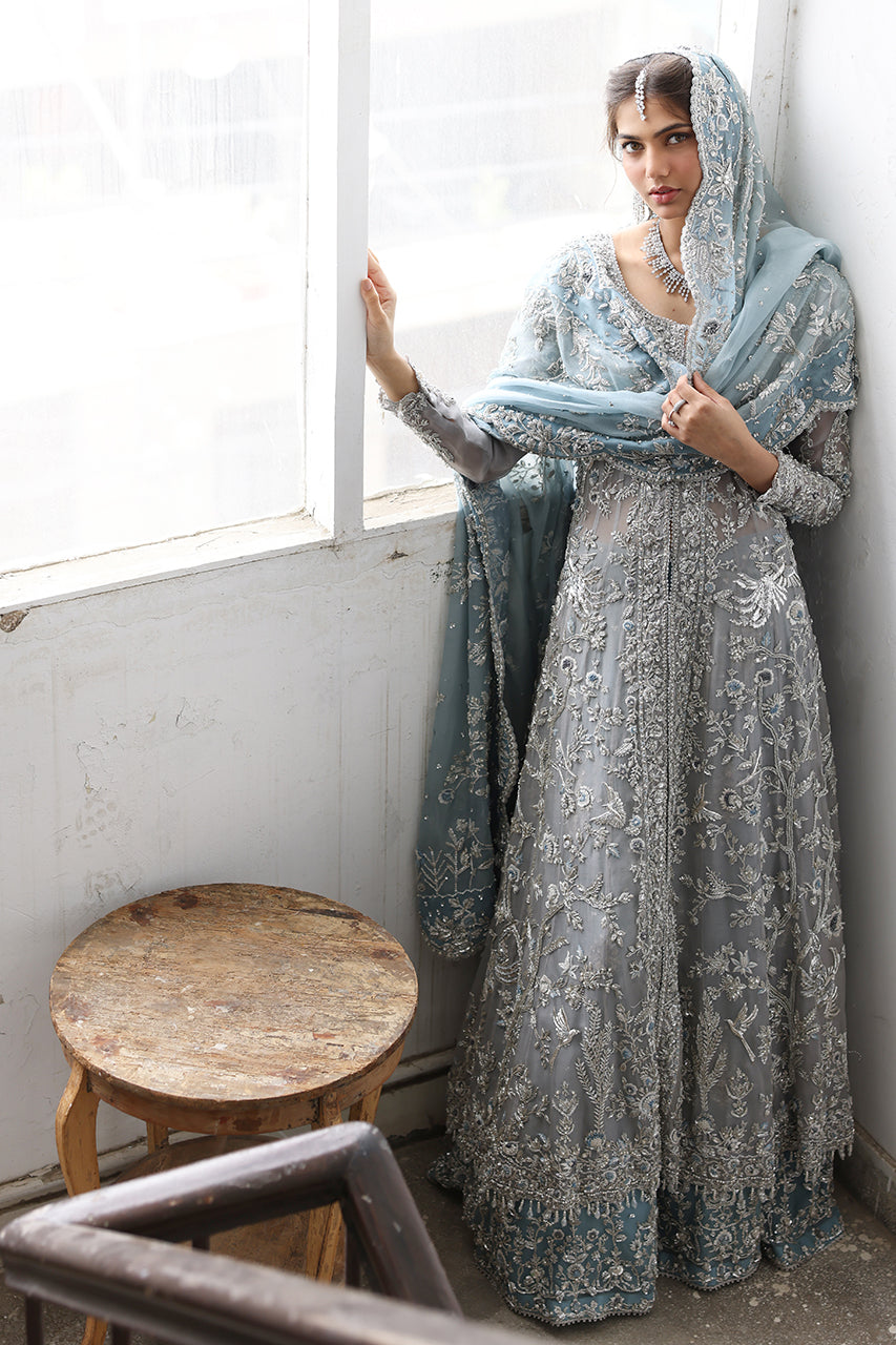 Indian Soft Blue Zardozi Organza Bridal Kalidaar (3-Piece) - Image 5