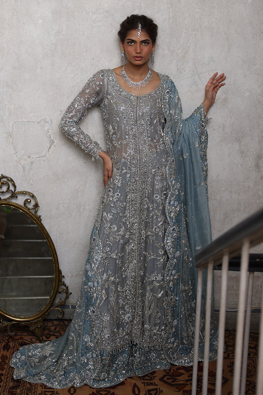 Indian Soft Blue Zardozi Organza Bridal Kalidaar (3-Piece) - Image 6