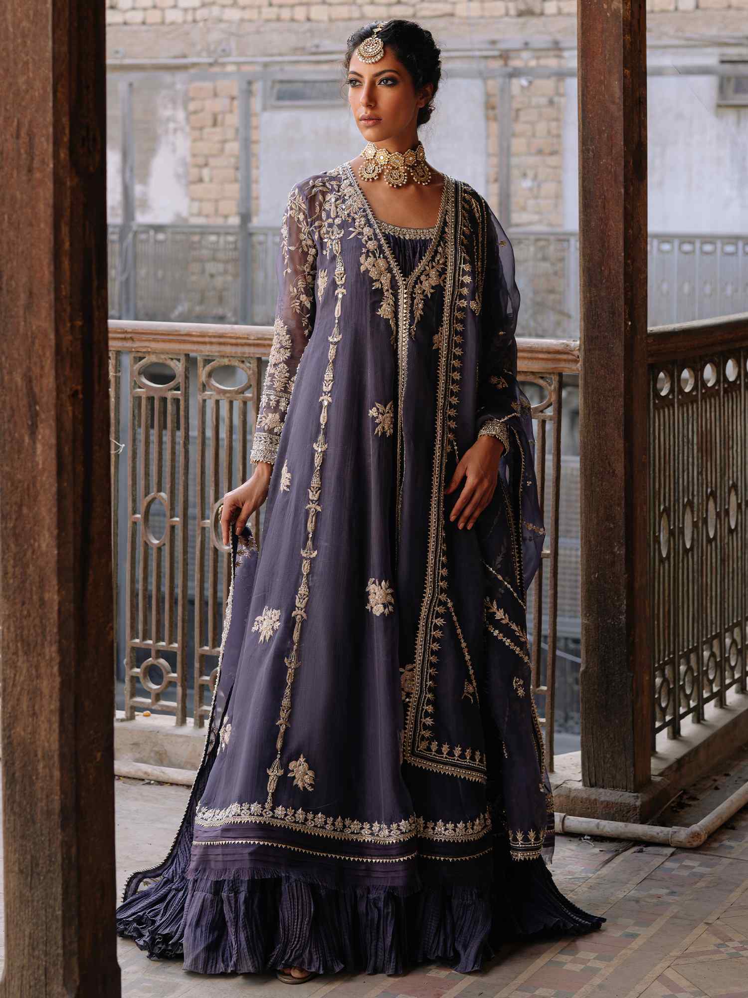 Pakistani Dark Slate Blue Zardozi Organza Kalidar (3-Piece) - Image 1