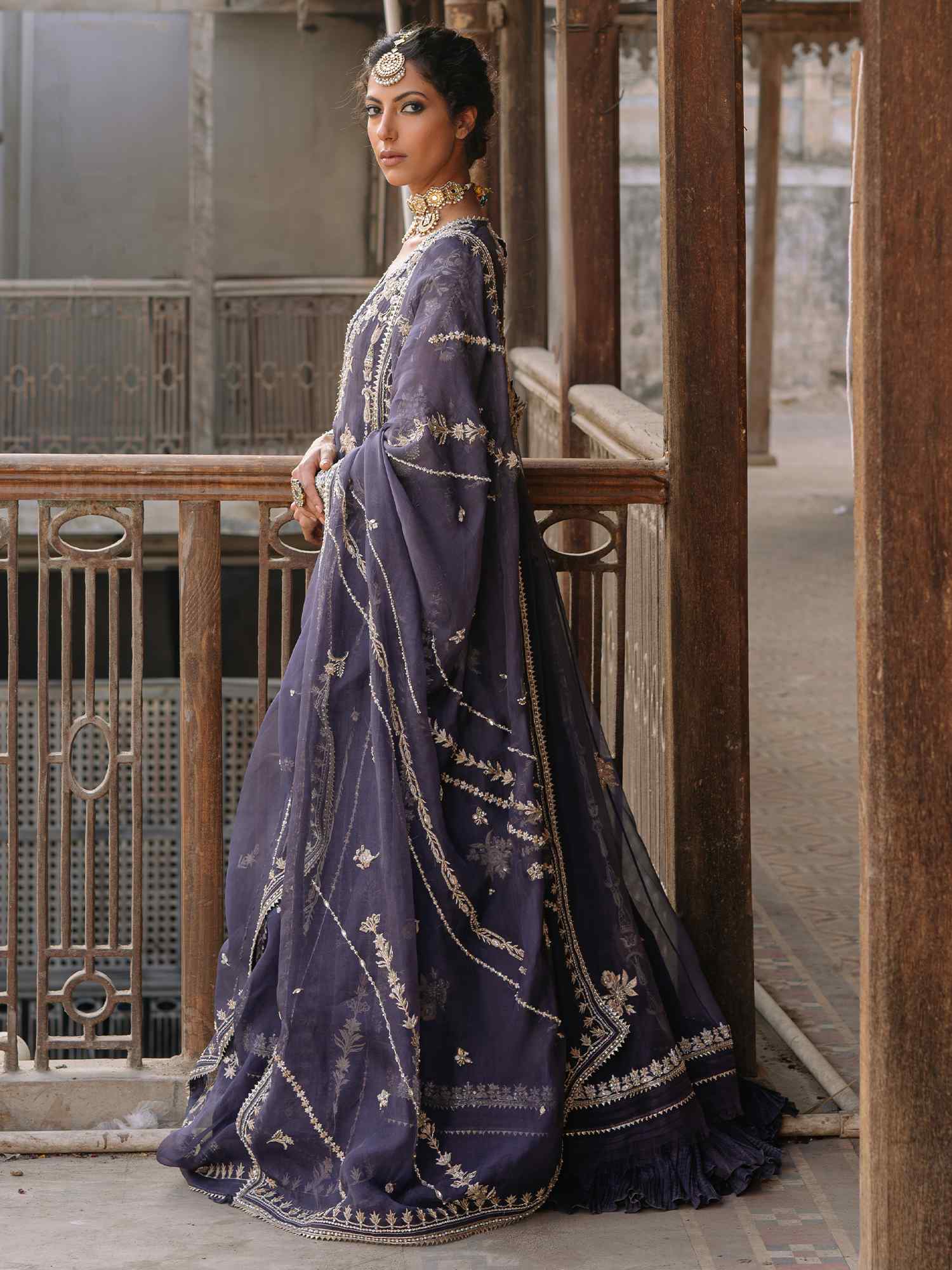 Pakistani Dark Slate Blue Zardozi Organza Kalidar (3-Piece) - Image 3