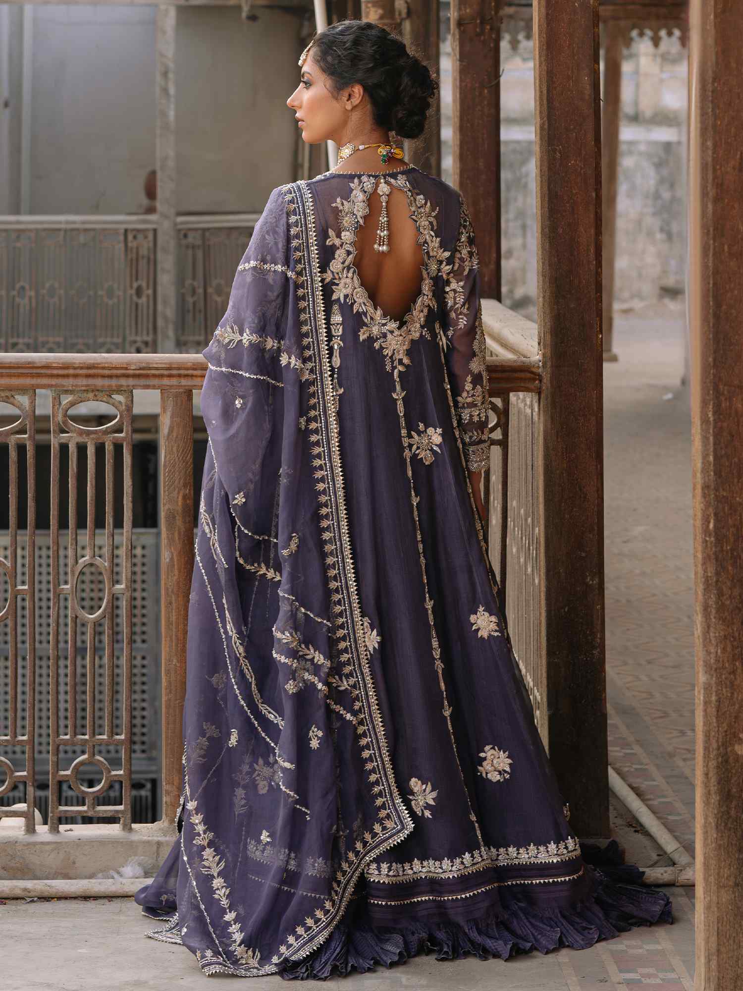 Pakistani Dark Slate Blue Zardozi Organza Kalidar (3-Piece) - Image 4