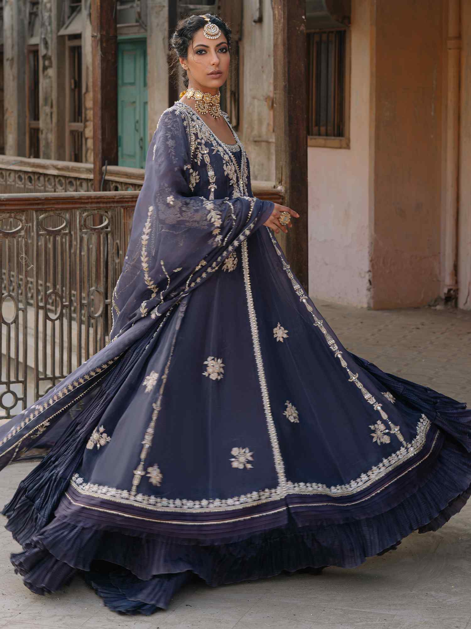 Pakistani Dark Slate Blue Zardozi Organza Kalidar (3-Piece) - Image 5