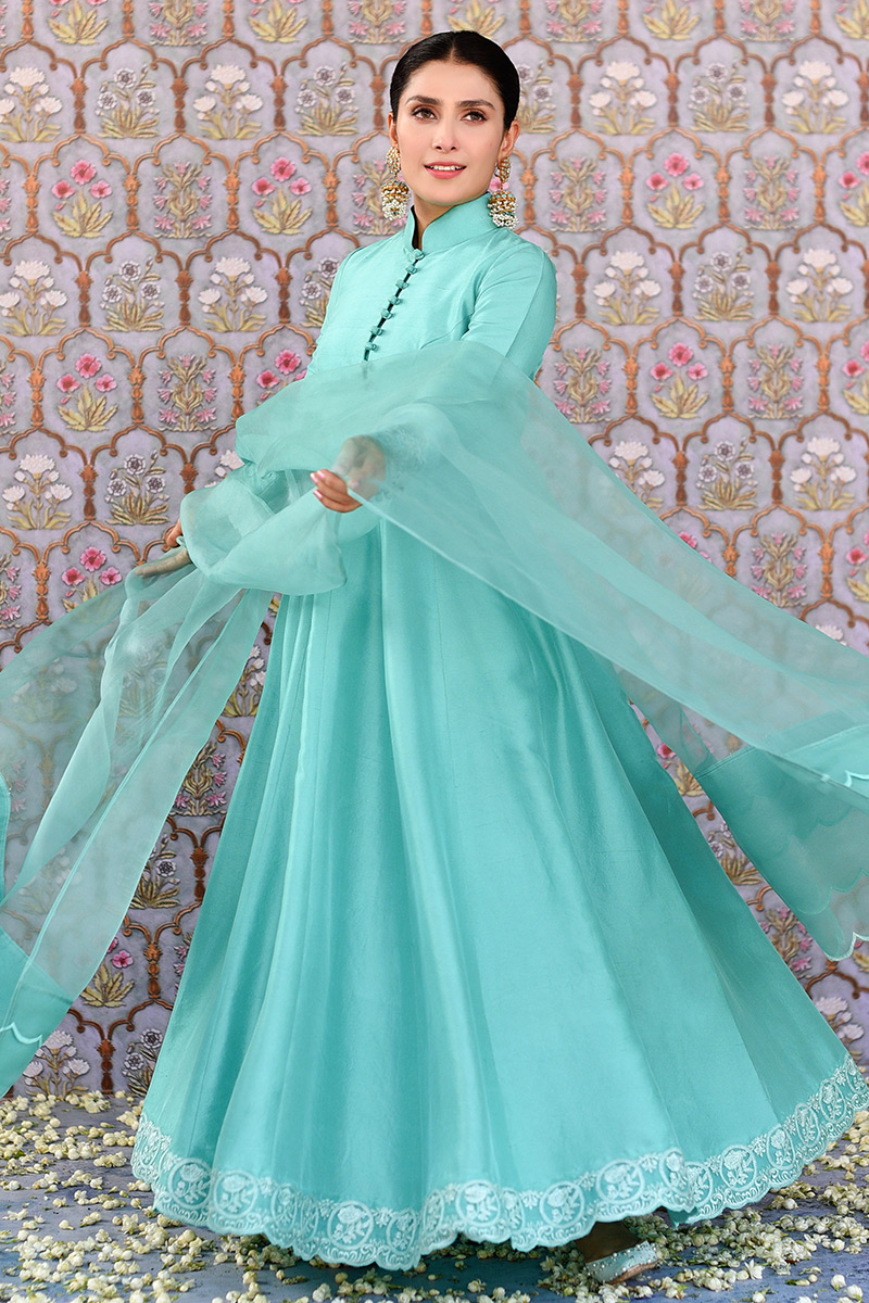 Pakistani Honey Bird Blue Embroidered Raw Silk Kalidar (2-Piece) - Image 1