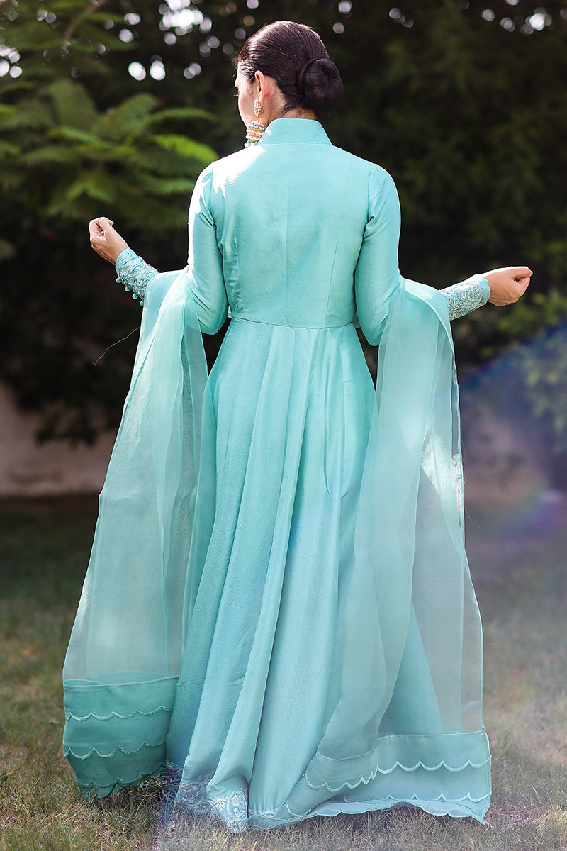 Pakistani Honey Bird Blue Embroidered Raw Silk Kalidar (2-Piece) - Image 5