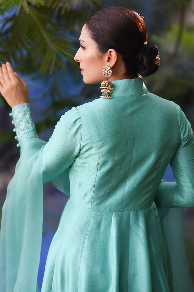 Pakistani Honey Bird Blue Embroidered Raw Silk Kalidar (2-Piece) - Image 6