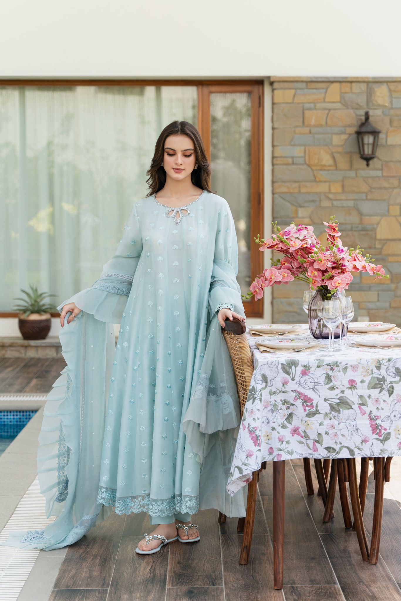 Ice Blue Embellished Raw Silk Kalidaar (3-Piece) - Image 1