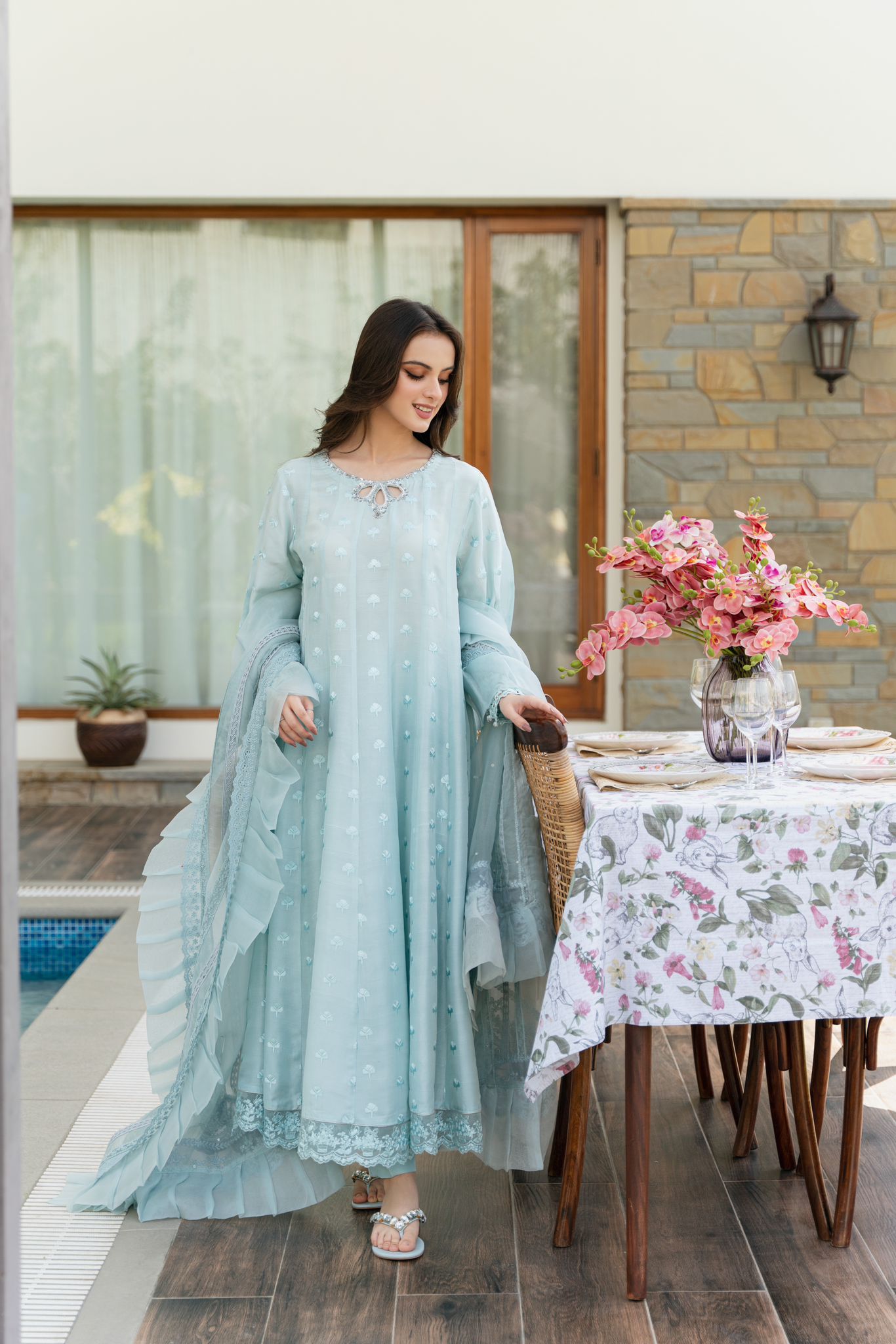 Ice Blue Embellished Raw Silk Kalidaar (3-Piece) - Image 3