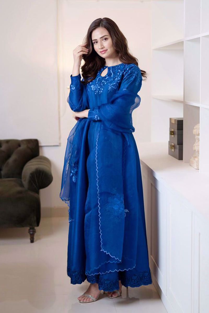 Pakistani Deep Blue Embroidered Raw Silk Kalidaar (3-Piece) - Image 3