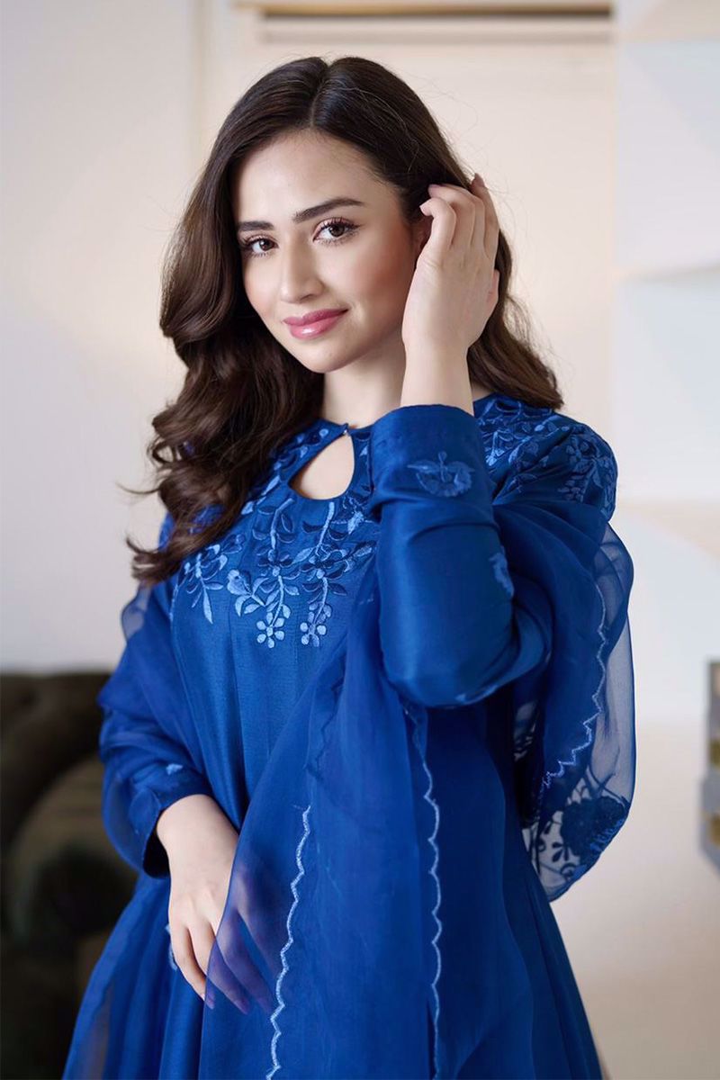 Pakistani Deep Blue Embroidered Raw Silk Kalidaar (3-Piece) - Image 4