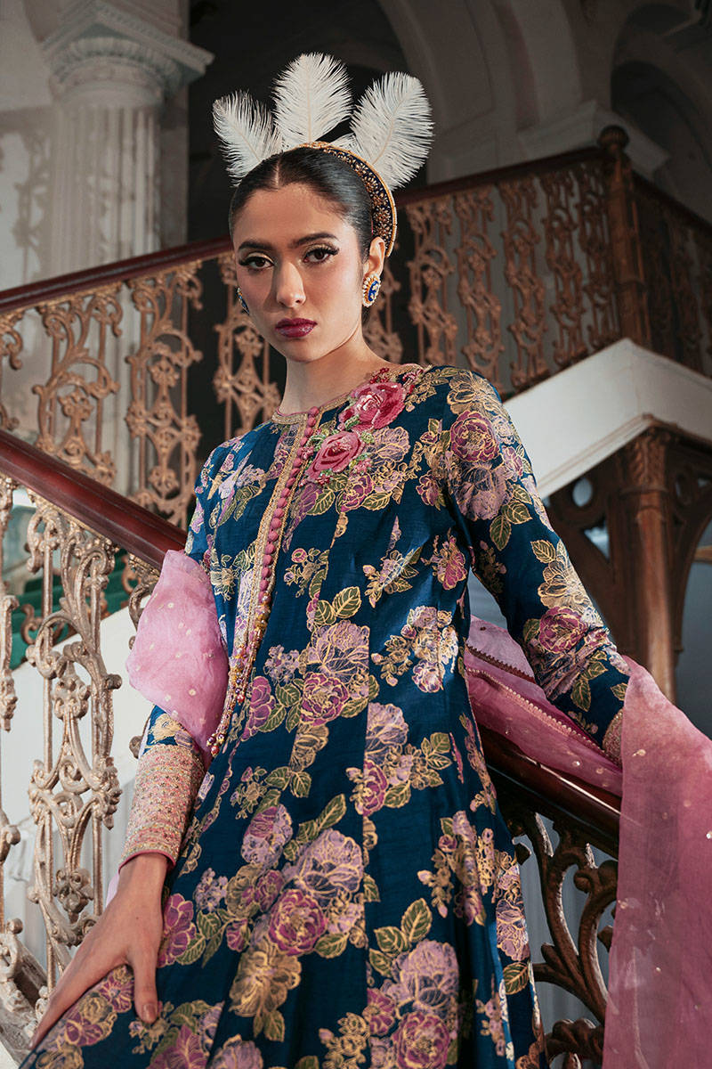 Electric Blue Floral Raw Silk Kalidar (3-Piece) - Image 1