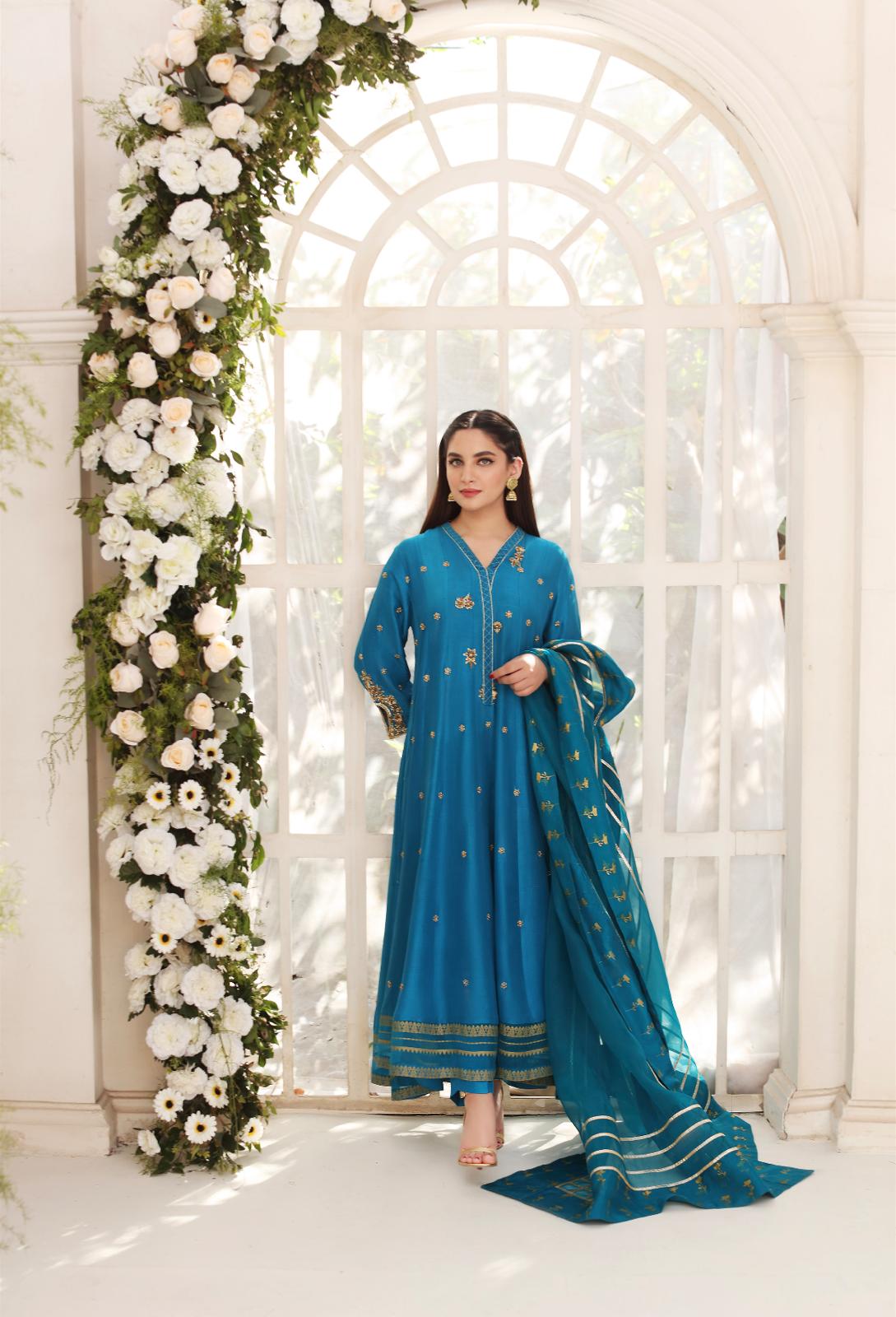 Peacock Blue Embroidered Pure Raw Silk Kalidaar (3-Piece) - Image 1