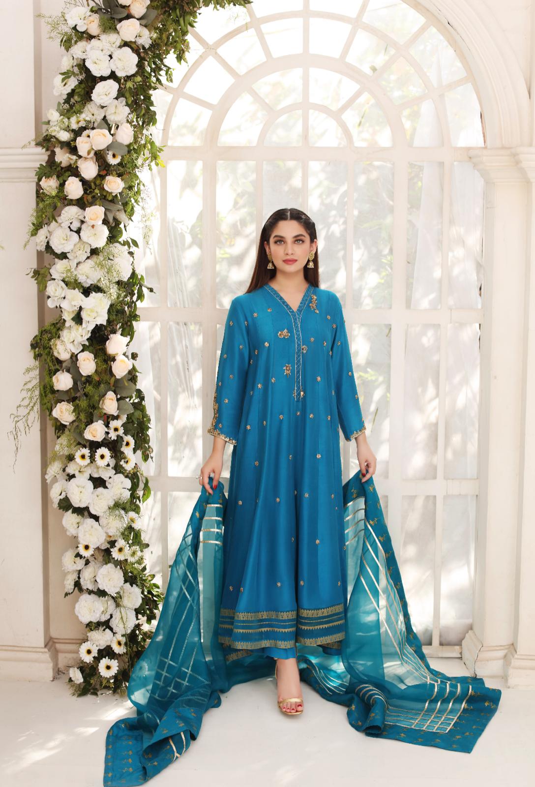 Peacock Blue Embroidered Pure Raw Silk Kalidaar (3-Piece) - Image 2