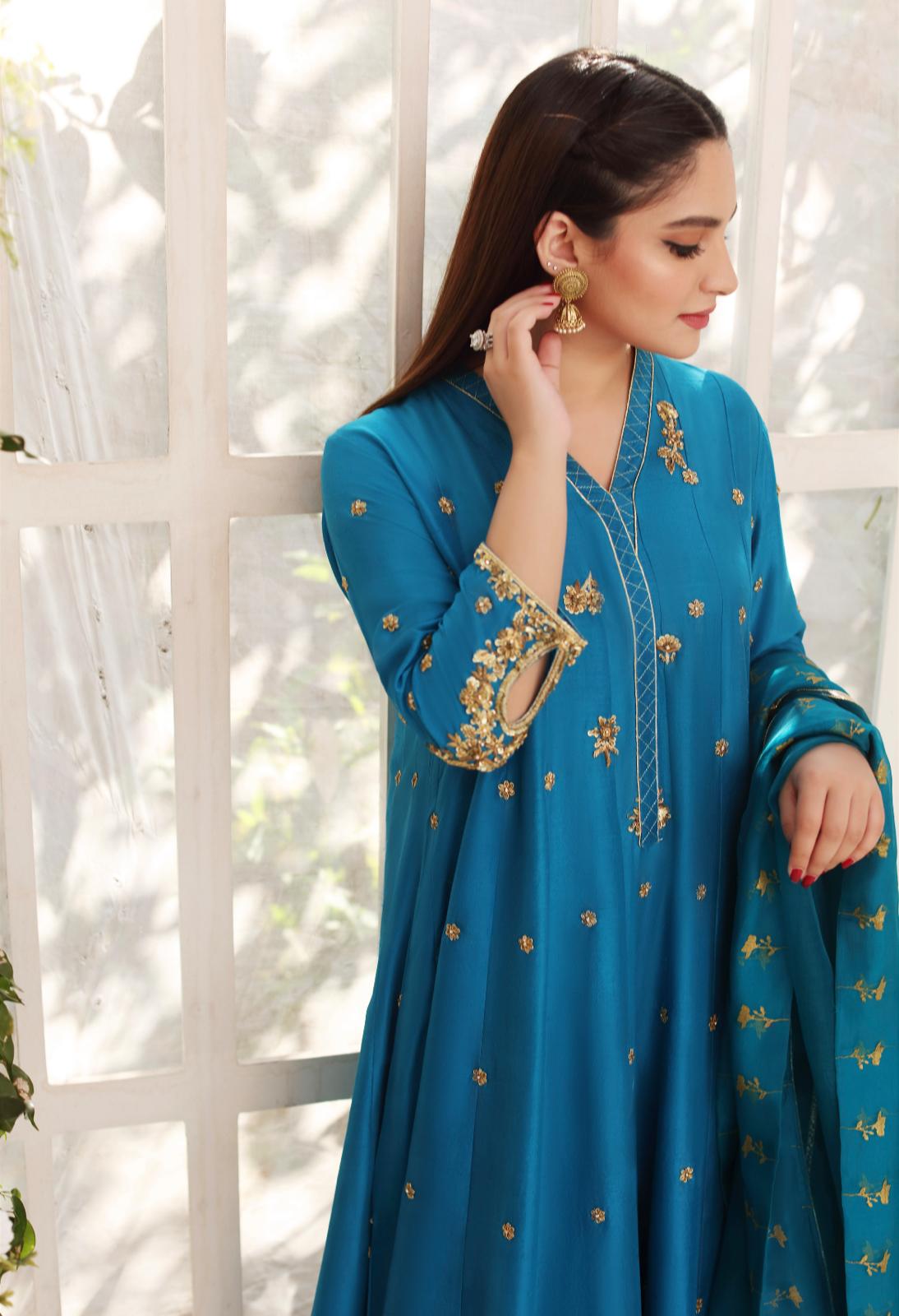 Peacock Blue Embroidered Pure Raw Silk Kalidaar (3-Piece) - Image 3