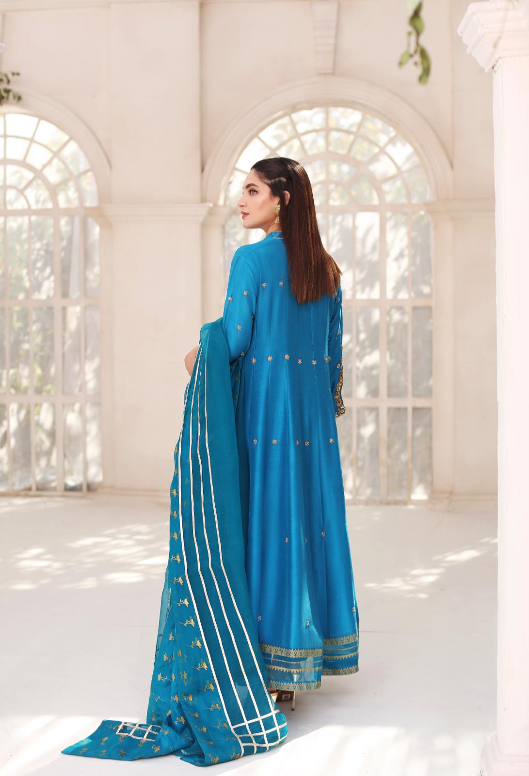 Peacock Blue Embroidered Pure Raw Silk Kalidaar (3-Piece) - Image 4